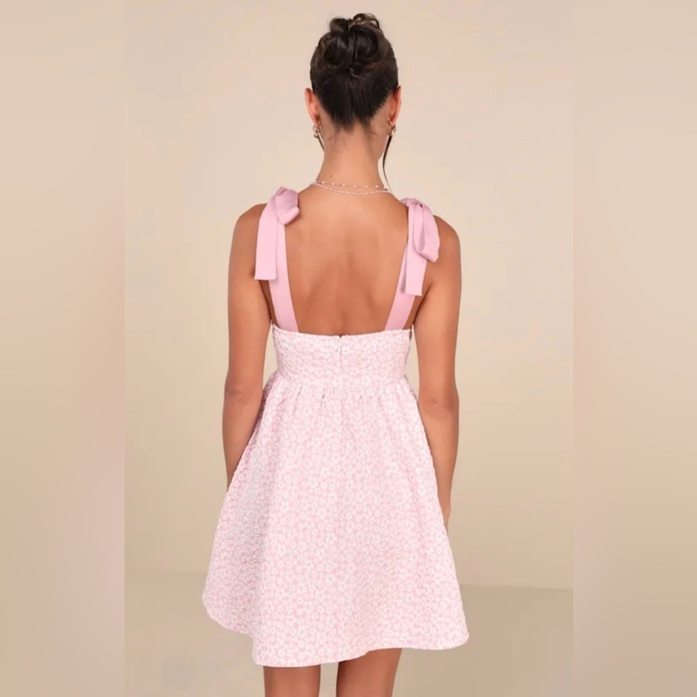 Lulus NWT Size XL Darling Composure Pink Jacquard Sequin Tie Strap Mini Dress - Picture 2 of 9